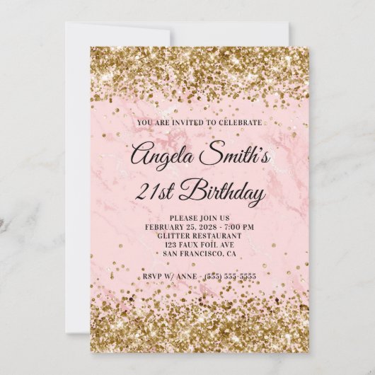 Goldener Glitzer Rosa Marmor 21. Geburtstag Einladung (Vorderseite)