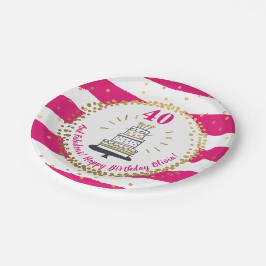 Goldener Glitzer Rosa Streifen jedes Alters glückl Pappteller (Schrägansicht)