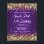 Goldener Glitzer Royal Lila 50. Geburtstag Einladu Flyer<br><div class="desc">Eine glamouröse mit Monogramm Einladung zum 50. Geburtstag für sie auf einem Budget Papier Flyer Option (keine Umschläge inbegriffen). Imitate funkelnd Gold Glitzer gegen ein königlich lila Farbverlauf Bild. Das extravagante weiße Kalligraphiemonogramm und der Text können angepasst werden. Sie können das Monogramm zunächst auf der Rückseite löschen, wenn Sie einen...</div>