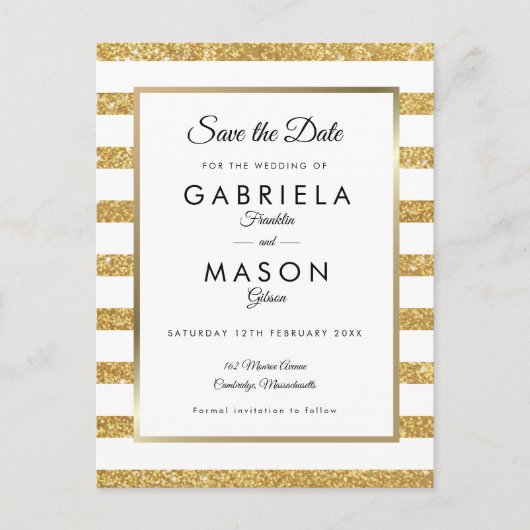 Goldener Glitzer Save the Date Postkarte (Vorderseite)