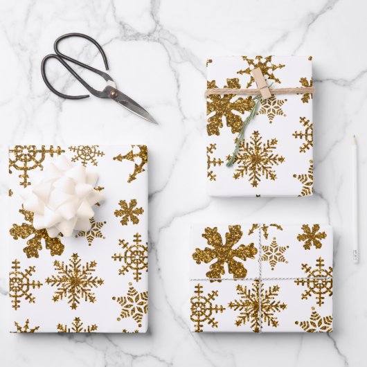 Goldener Glitzer Schneeflocken Weihnachtsmuster Geschenkpapier Set (Vorderseite)