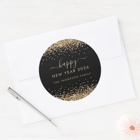 Goldener Glitzer Schwarzes Glück Neues Jahr 2025 Runder Aufkleber (Umschlag)