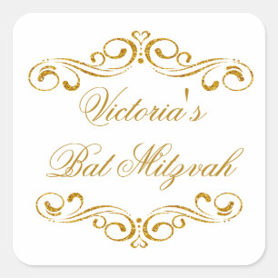 Goldener Glitzer scrollt Bat Mitzvah Logo Quadratischer Aufkleber