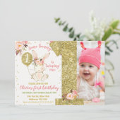 Goldener Glitzer Sonniger 1. Geburtstag Einladung (Stehend Vorderseite)