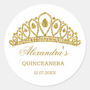 Goldener Glitzer Tiara Quinceanera Runder Aufkleber