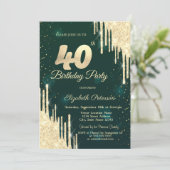 Goldener Glitzer Tropfen Grün 40. Geburtstag Einladung (Stehend Vorderseite)