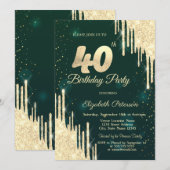 Goldener Glitzer Tropfen Grün 40. Geburtstag Einladung (Vorne/Hinten)