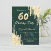 Goldener Glitzer Tropfen Grün 60. Geburtstag Einladung (Stehend Vorderseite)