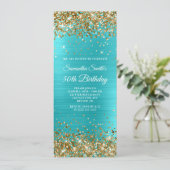 Goldener Glitzer Türkis Blauer Film 50. Geburtstag Einladung (Stehend Vorderseite)