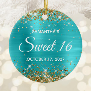 Goldener Glitzer Türkis Blauer Foil Sweet 16 Keramik Ornament