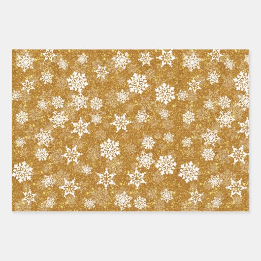Goldener Glitzer Weiße Schneeflocken Geschenkpapier Set (Vorderseite)