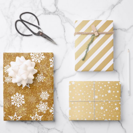 Goldener Glitzer Weiße Schneeflocken Geschenkpapier Set (Vorderseite)