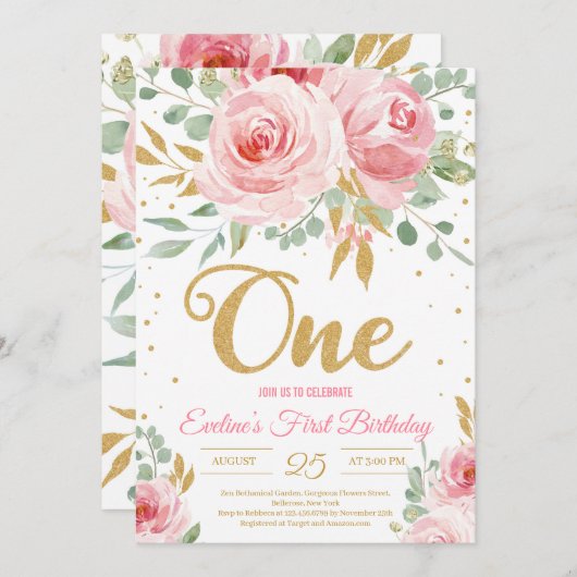 Goldener Glitzer zum ersten Geburtstag Einladung (Vorne/Hinten)