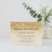 Goldener Grand-Reöffnungs-Glitzer Luxus-Friseur Ankündigungspostkarte (Stehend Vorderseite)