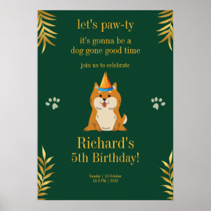 Goldener grüner Welpen-Hunde-Kindergeburtstag Poster
