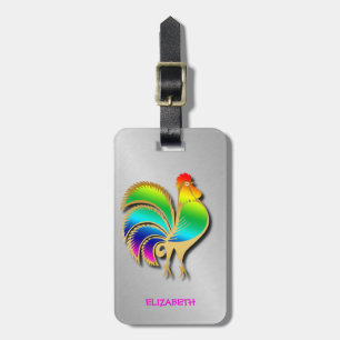 Goldener Hahn-Vogel mit dem Regenbogen-Federn und Gepäckanhänger