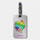 Goldener Hahn-Vogel mit dem Regenbogen-Federn und Gepäckanhänger (Rückseite vertikal)