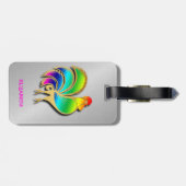 Goldener Hahn-Vogel mit dem Regenbogen-Federn und Gepäckanhänger (Rückseite horizontal)