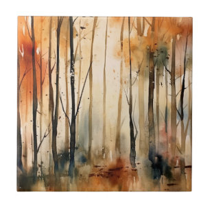 Goldener Herbst-Aquarell-Wald-Landschaftsmuster Fliese