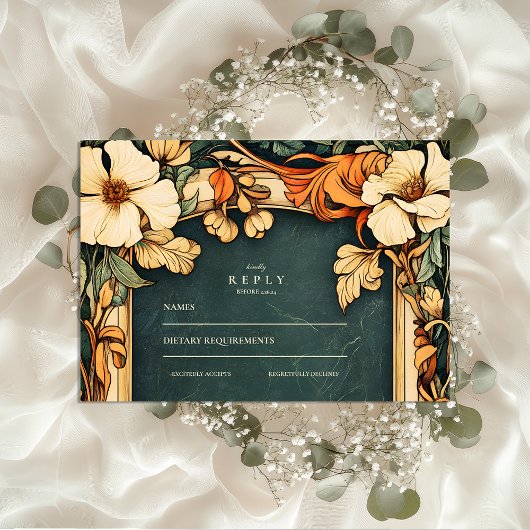 Goldener Herbst Jugendstil Hochzeit RSVP Karte