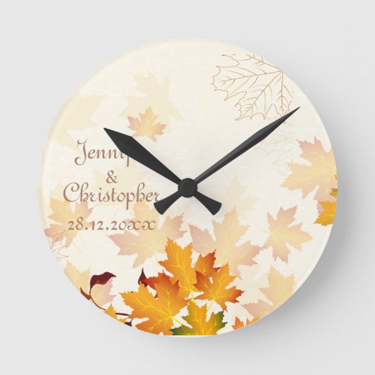 Goldener Herbst verlässt Hochzeits-Memento Runde Wanduhr (Vorderseite)
