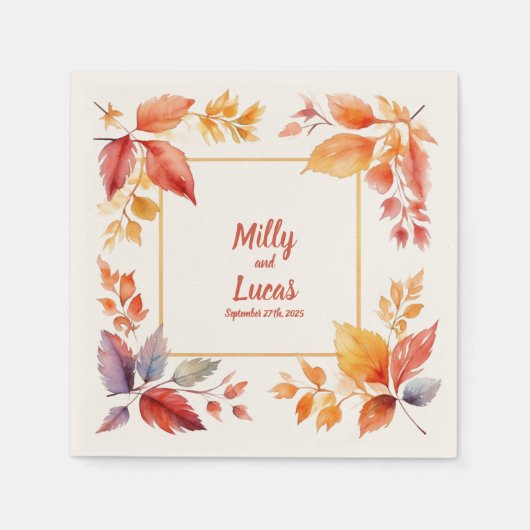 Goldener Herbstrahmen: Personalisierte Hochzeit vo Serviette (Vorderseite)