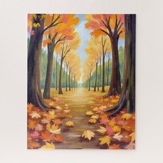 Goldener Herbstwaldweg Warme Wasserfarbenblätter Puzzle (Vertikal)