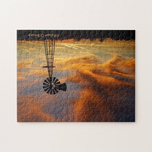 Goldener Himmel mit Windmill Silhouette PUZZLE (Horizontal)
