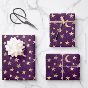 Goldener Himmelskörper Mond und Sterne Dunkelviole Geschenkpapier Set