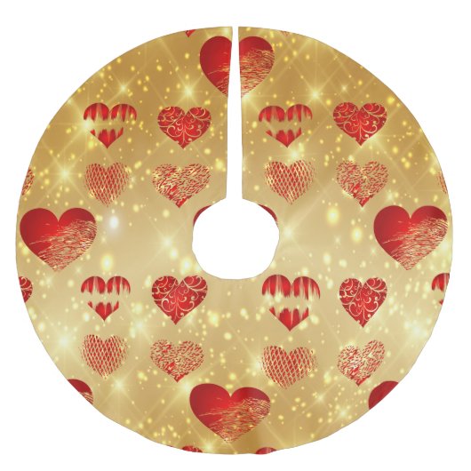 Goldener Hintergrund und goldene Herzen Polyester Weihnachtsbaumdecke (Vorderseite)