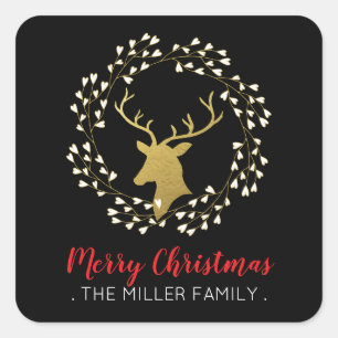 Goldener Hirsch & Kranz Weihnachtssticker Quadratischer Aufkleber