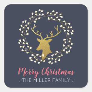 Goldener Hirsch & Kranz Weihnachtssticker Quadratischer Aufkleber