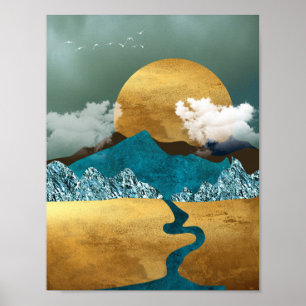 Goldener Horizont mit blauen Bergen Poster