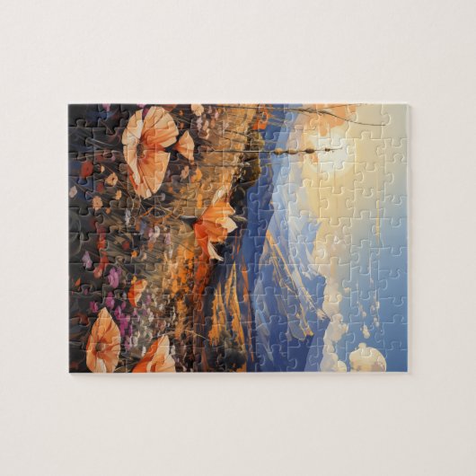 Goldener Horizont: Wildblume Feld und Berge Puzzle (Horizontal)