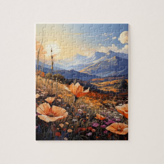 Goldener Horizont: Wildblume Feld und Berge Puzzle (Vertikal)