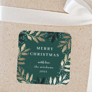 Goldener Kiefernzweig Grüne Frohe Weihnachten Quadratischer Aufkleber