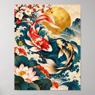 Goldener Koi-Fisch Japanische Wellen-Kunstposter Poster