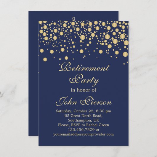 Goldener Konfetti im dunkelblauen Party der Pensio Einladung (Vorne/Hinten)
