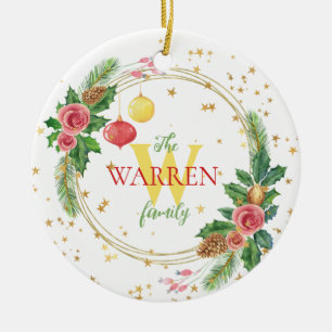 Goldener Kranz mit Stechpalme, Kiefer und Vintage- Keramik Ornament