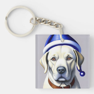 Goldener Labradorhund mit blauem Feiertagshut Schlüsselanhänger