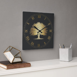 Goldener Lebensbaum (Eiche) Quadratische Wanduhr