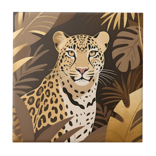 Goldener Leopard Dschungel Boho Wildnis  Fliese (Vorderseite)
