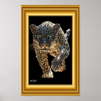 Goldener Leopard in Bewegung – Luxuriöses Schwarz Poster