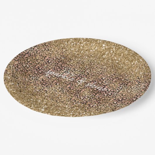 Goldener Leopard Print Glitzer personalisiert Pappteller (Schrägansicht)