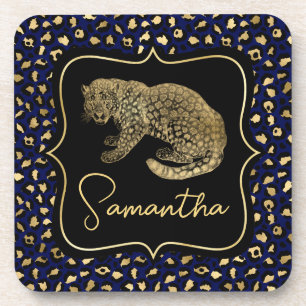 Goldener Leopard und Blaues Leopardenmuster Getränkeuntersetzer