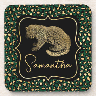 Goldener Leopard und Grüner Leopardendruck Getränkeuntersetzer