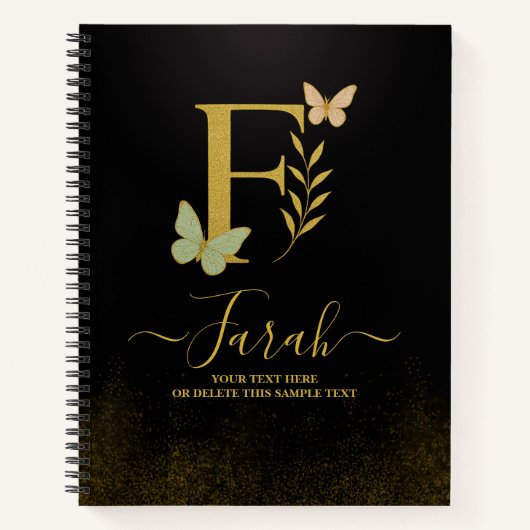 Goldener Letter F Butterfly Notebook-Abdeckung Notizblock (Vorderseite)