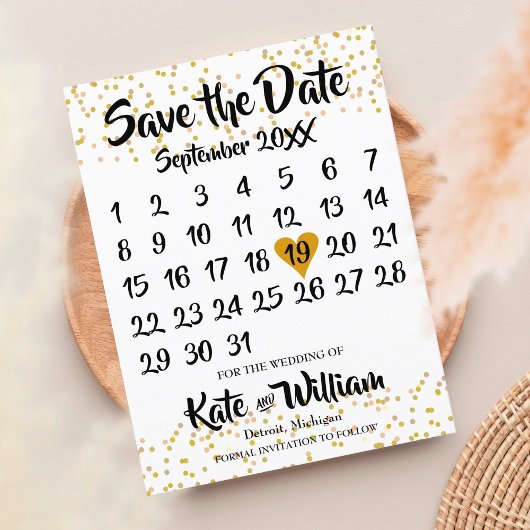 Goldener Liebe Herzkalender Save the Date Ankündigungspostkarte