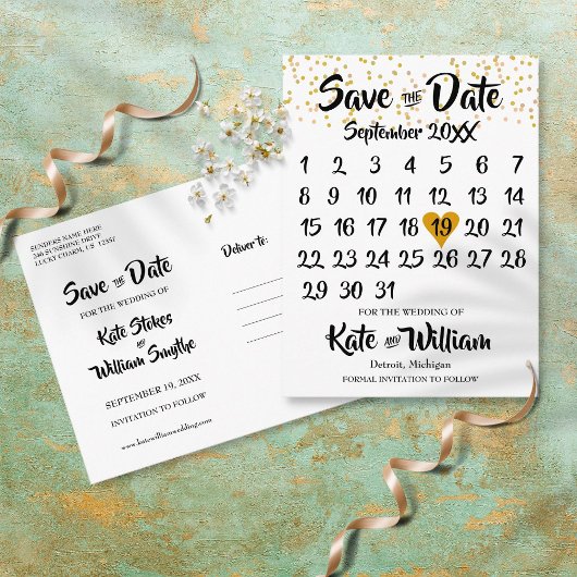 Goldener Liebe Herzkalender Save the Date Postkarte
