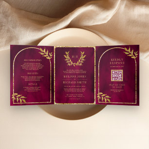Goldener Lorbeerkranz Blätter Fuchsia Magenta Hoch Dreifach Gefaltete Einladung